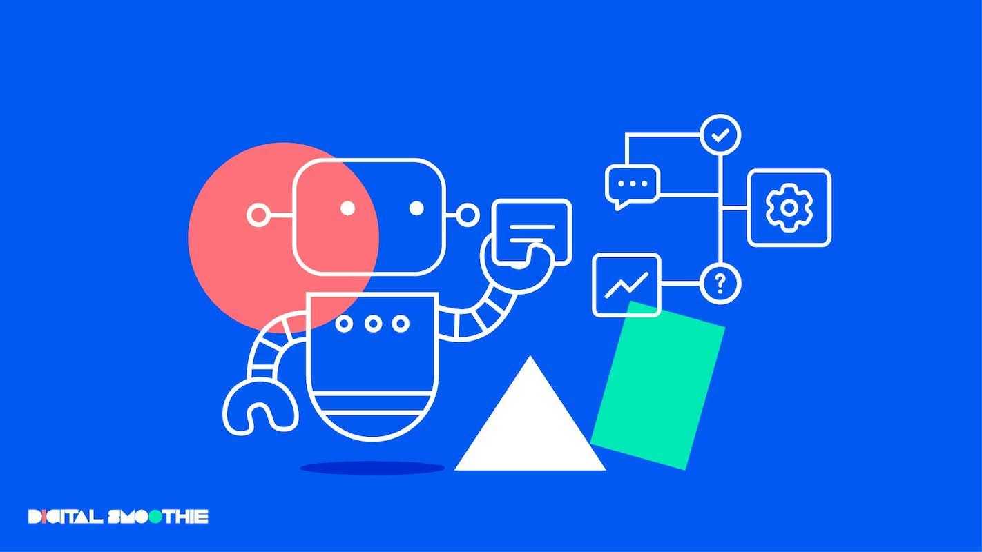 Illustration of a stylized robot engaged in project management activities, depicted against a vibrant blue background. The robot, with a rounded red head, two dots for eyes, and a segmented hose-like arm, is interacting with various abstract elements representing project management tasks. These elements include speech bubbles, checkmarks, a gear symbolizing settings or configuration, a line graph indicating progress or analytics, and a question mark representing queries or issues. The text 'DIGITAL SMOOTHIE' is placed in the bottom left corner, suggesting the name of a company or product related to the graphic.