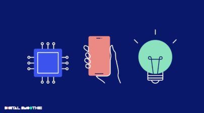 An illustration of a mobile phine, a lamp and a micro chip on a dark navy background - to showcase Digital transformation