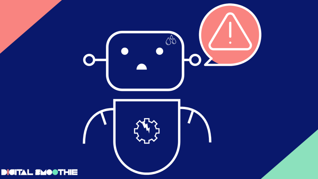 A distressed robot with a cracked gear icon on its chest and a speech bubble showing an alert symbol, set against a blue background with contrasting pastel pink and green corners. Represents challenges in digital transformation.