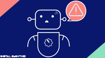 A distressed robot with a cracked gear icon on its chest and a speech bubble showing an alert symbol, set against a blue background with contrasting pastel pink and green corners. Represents challenges in digital transformation.