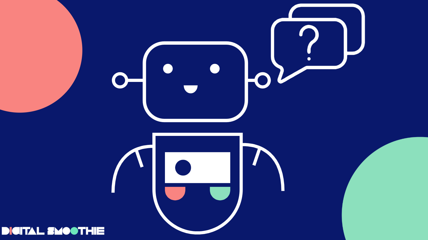 An illustration of a friendly robot with a speech bubble containing a question mark, representing curiosity and inquiry. The image is set against a dark blue background with contrasting geometric shapes in pastel pink and green, maintaining the color palette of Digital Smoothie.