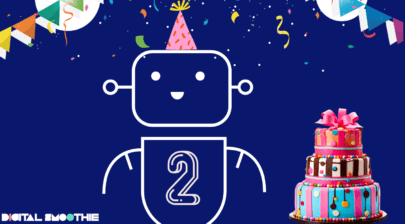 A cheerful robot wearing a party hat with the number "2" on its chest, surrounded by festive decorations, colorful confetti, and a multi-tiered birthday cake, set against a blue background.