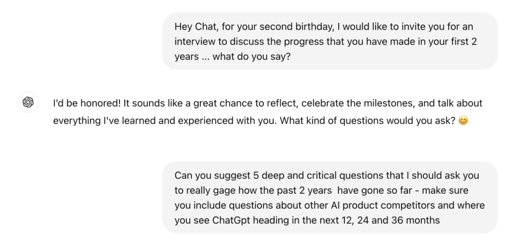 The image is for the prompts that I gave ChatGPT to generate questions for its 2nd birthday interview