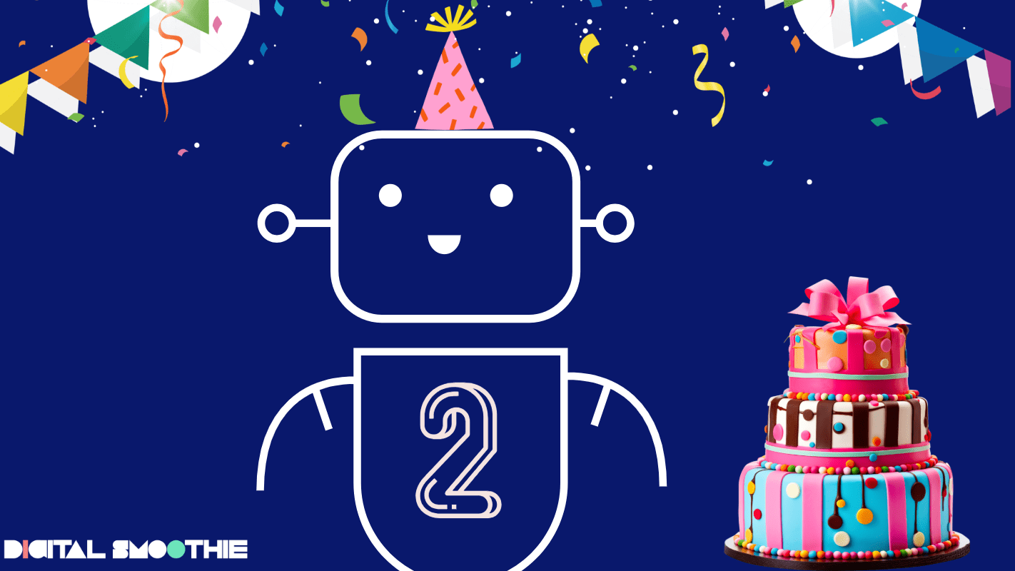 A cheerful robot wearing a party hat with the number "2" on its chest, surrounded by festive decorations, colorful confetti, and a multi-tiered birthday cake, set against a blue background.