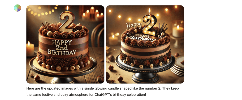 AI generated images of chocolate cake with a candle shaped as the number 2