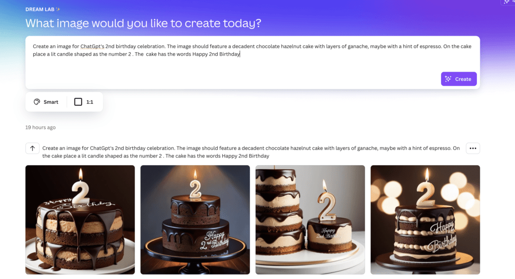 An image showing the prompt for Leonardo.ai to generate a birthday cake image.