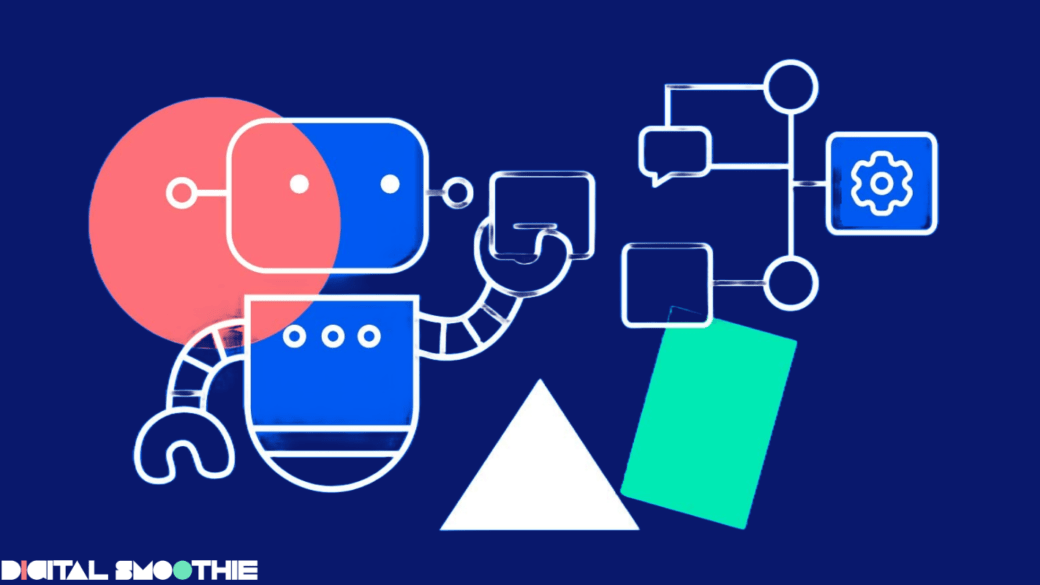 Illustration of AI agent robot managing workflows and automation processes with Digital Smoothie branding.