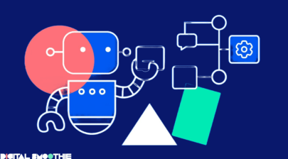 Illustration of AI agent robot managing workflows and automation processes with Digital Smoothie branding.