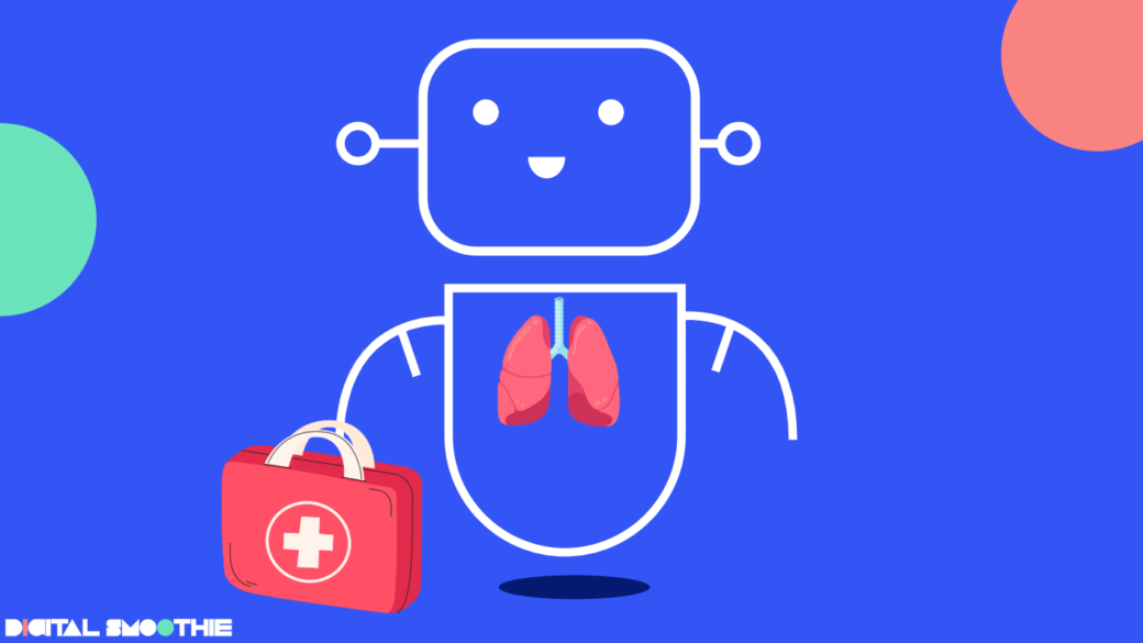 Friendly robot with lungs illustration holding a medical kit, symbolizing AI-driven healthcare solutions