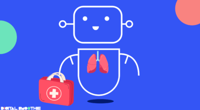 Friendly robot with lungs illustration holding a medical kit, symbolizing AI-driven healthcare solutions